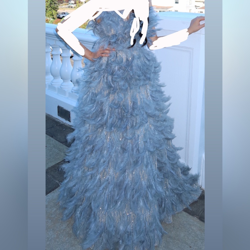 Elegant Feathered Evening Gown in Dusty Blue